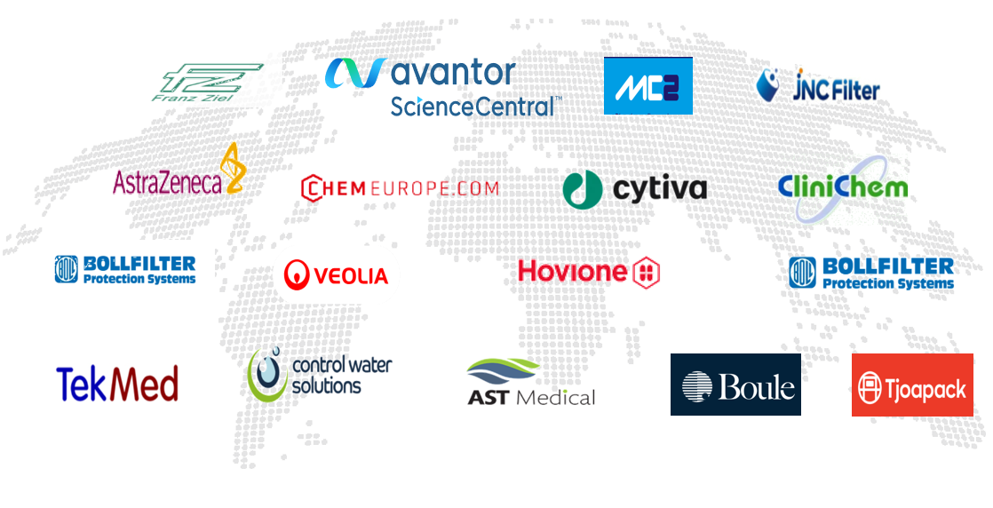 MedIntegrity partners and customers — AstraZeneca, Cytiva, Avantor Sciences, Veolia, Hovione, Bollefilter, JNC Filter, Franz Ziel, AST Medical, TekMed, Boule and more